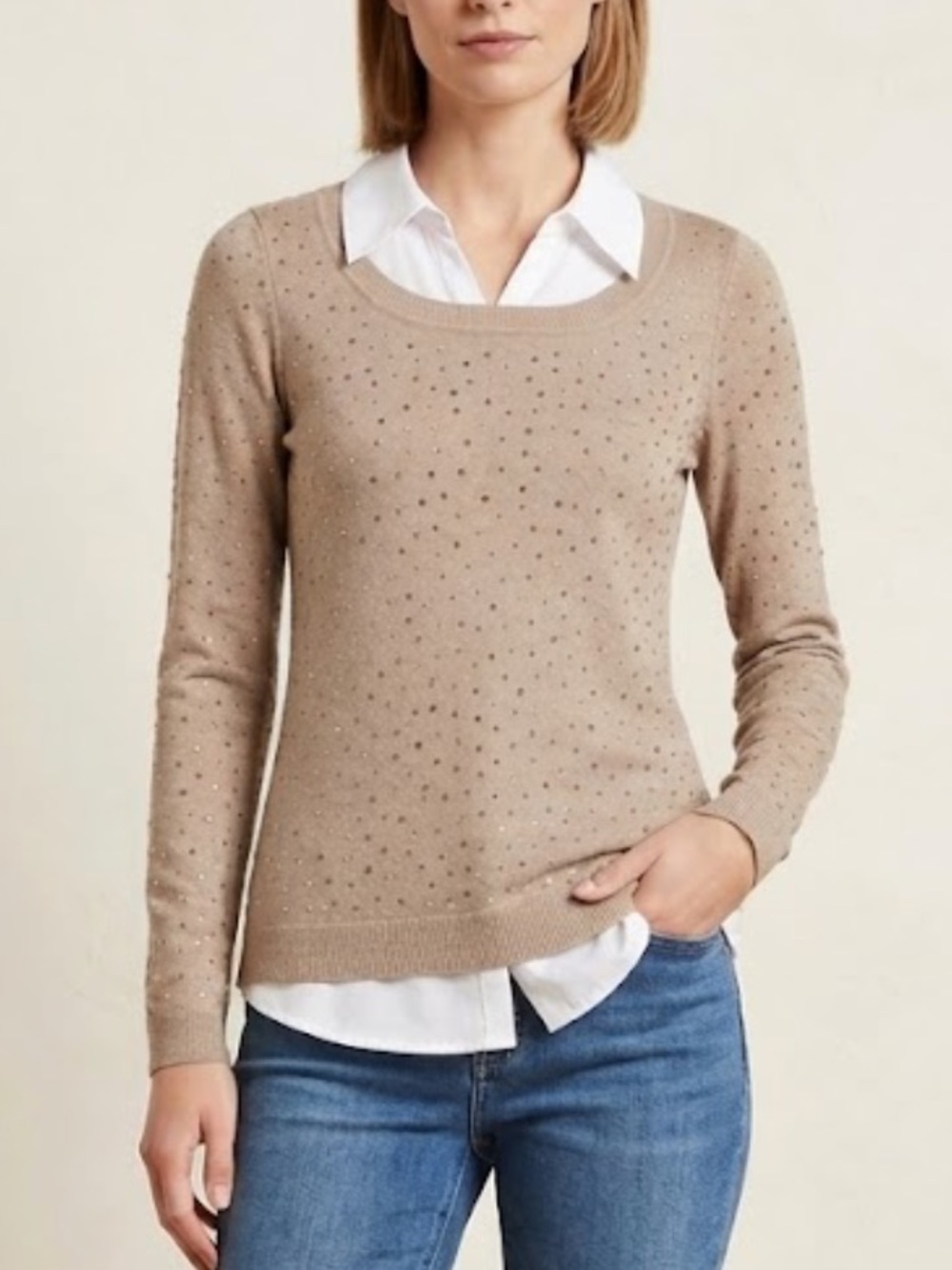 INC TAN RHINESTONE EMBELLISHED LAYERED SWEATER